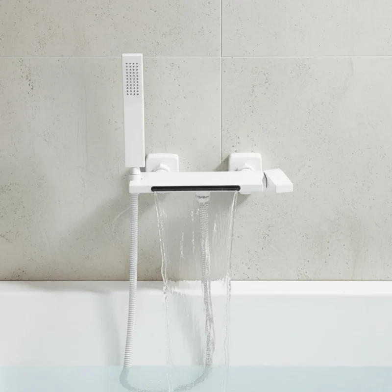 Robinet baignoire cascade douchette salle de bain - Blanc - Laiton
