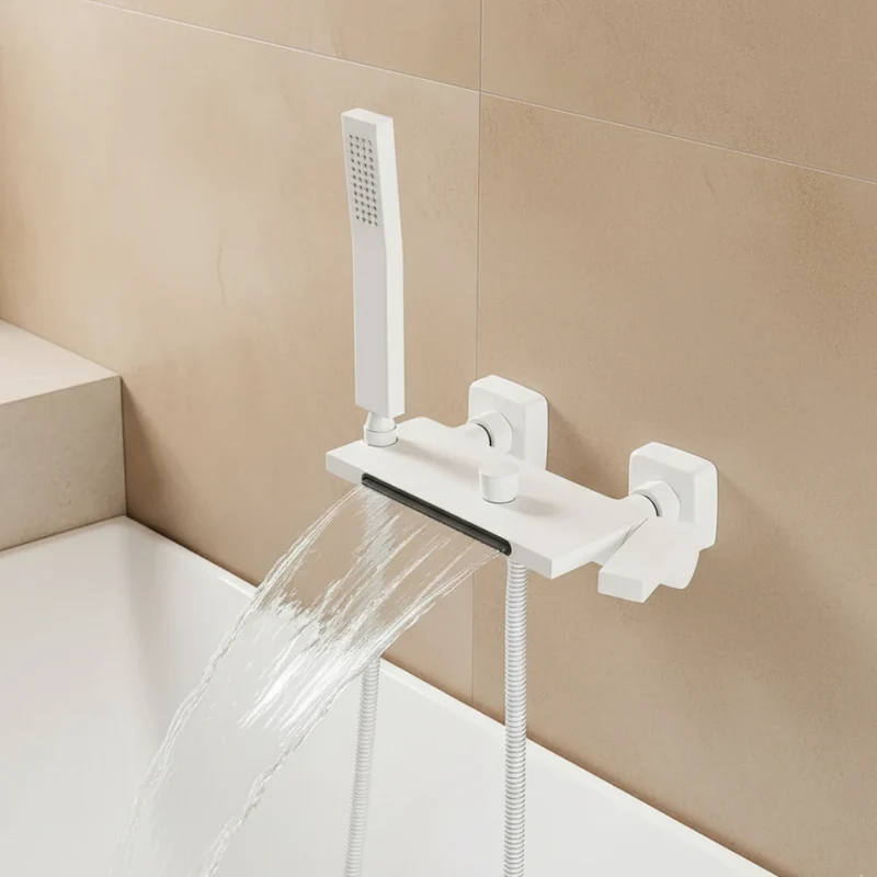 Robinet baignoire cascade douchette salle de bain - Blanc - Laiton