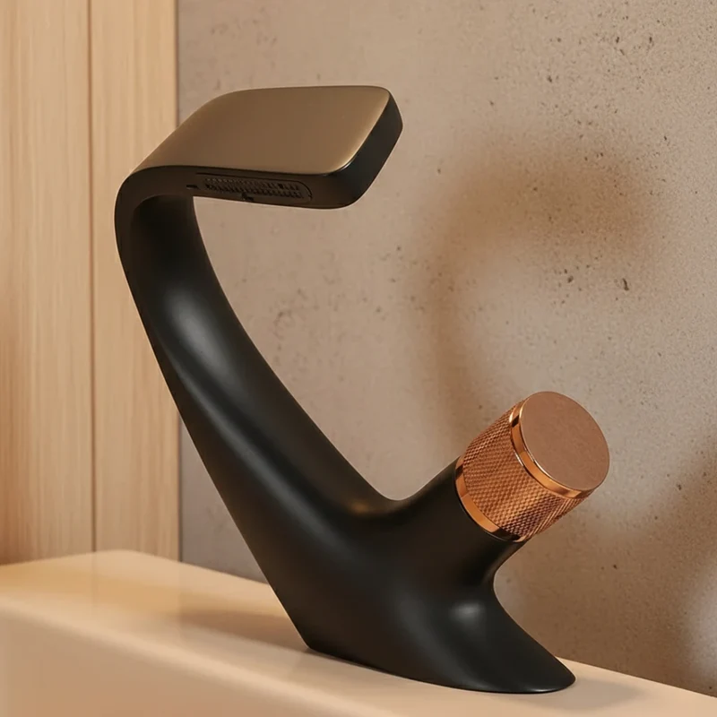 Robinet lavabo salle de bain incurvé mitigeur molette - Noir - Laiton