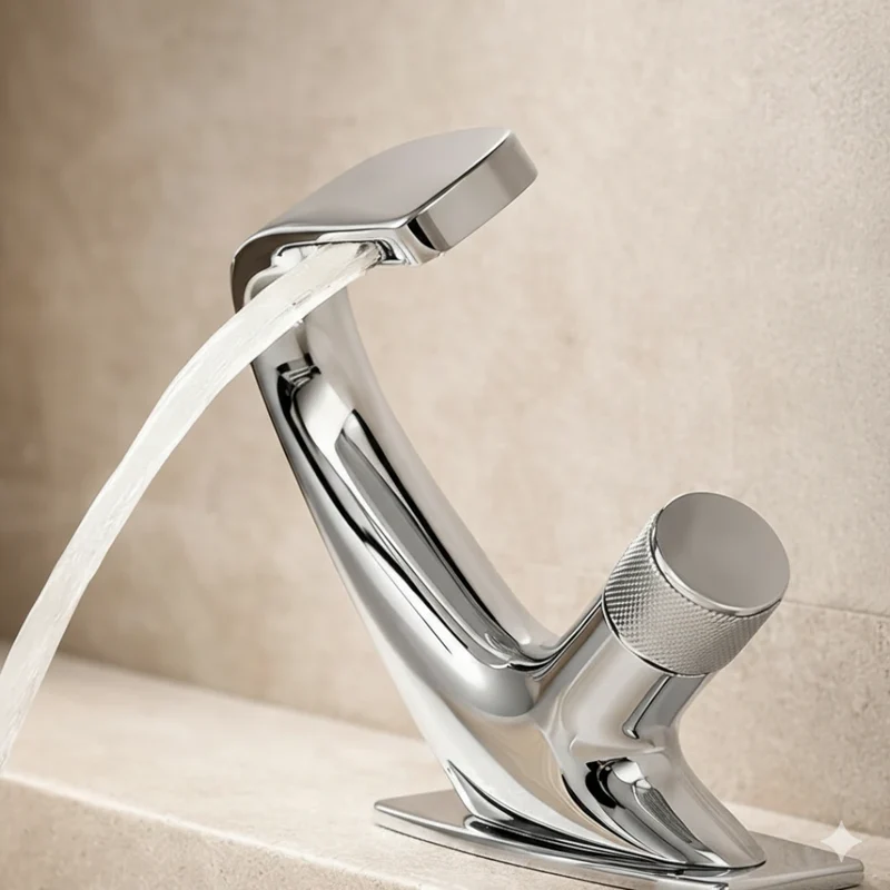 Robinet lavabo salle de bain incurvé mitigeur molette - Argenté - Laiton