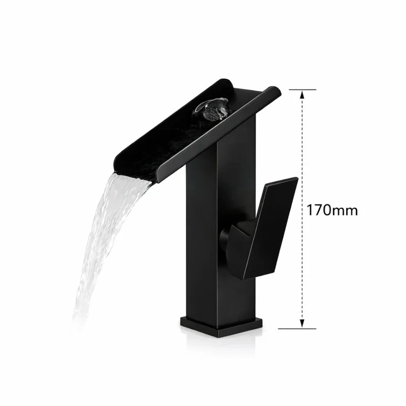 Robinet lavabo salle de bain design rectangulaire cascade - Noir - Laiton