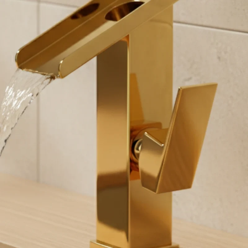 Robinet lavabo salle de bain design rectangulaire cascade - Doré - Laiton