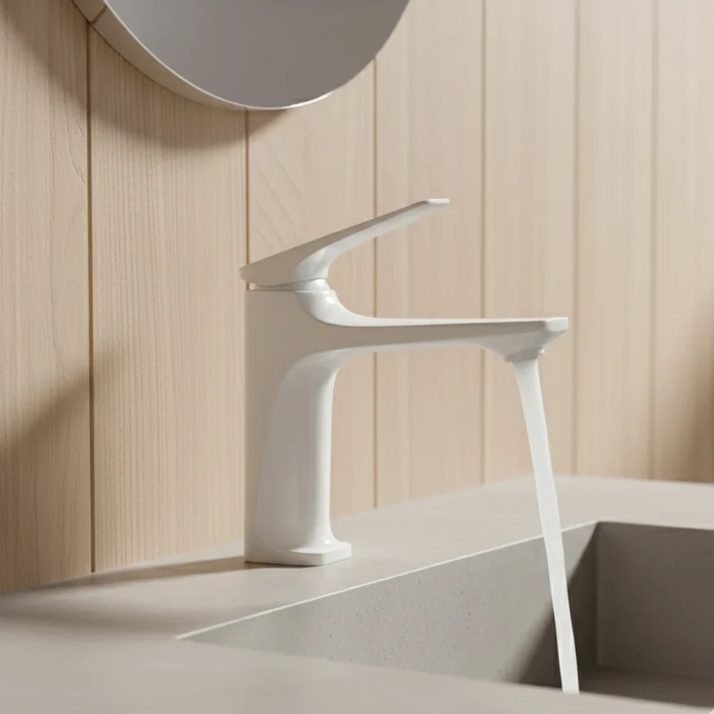 Robinet lavabo salle de bain design épuré - Blanc - Laiton