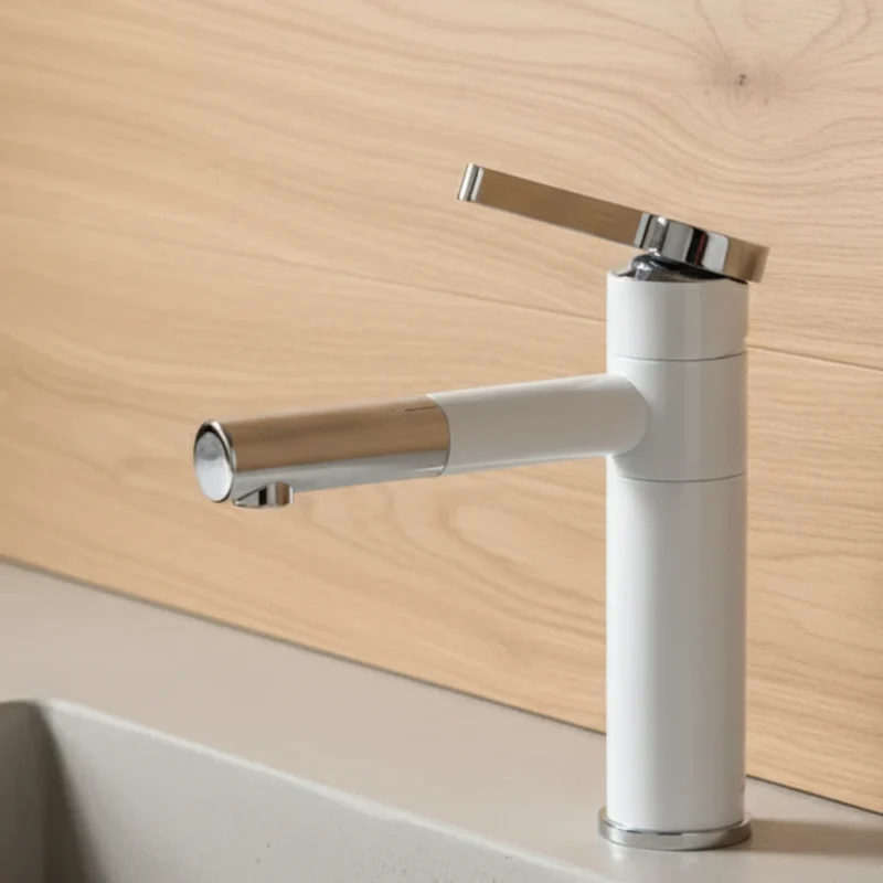 Robinet lavabo salle de bain bicolore rotatif rallonge - Blanc Argenté - Laiton