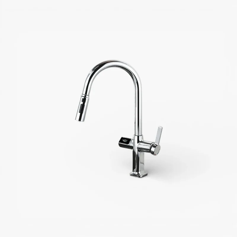 Robinet évier cuisine thermostatique affichage numérique flexible douchette - Argenté - Laiton