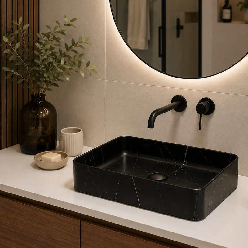 Lavabo rectangulaire effet marbre noir 678, porcelaine 23.8" X 13.8" X 4.5"